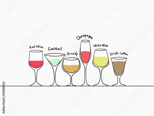 isolated colorful continuous line cartoon cute glassed alcoholic drinks hand drawing doodle with hand writing text for background, wallpaper, banner, label etc. vector design.