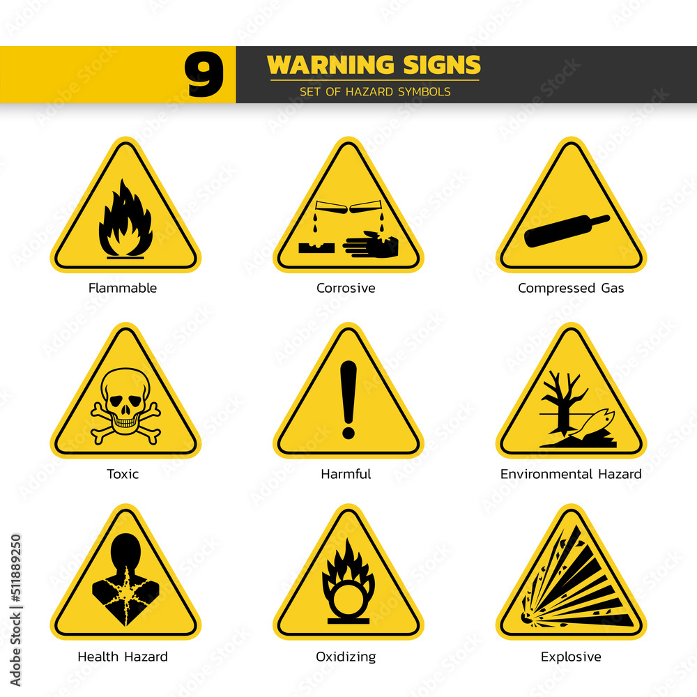 set of isolated hazardous symbols on yellow round triangle board warning sign for pictograms, icon, label, logo or package industry etc. paperwork flat style vector design. set of isolated hazardous symbols on yellow round triangle board warning sign for pictograms, icon, label, logo or package industry etc. paperwork flat style vector design.