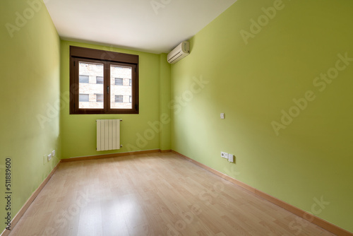 Empty room with bronze colored aluminum window with view, green painted walls and light wooden floor