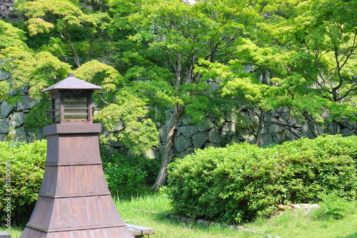 緑に囲まれた福岡城跡。石垣や塀などの歴史的建造物。福岡城は舞鶴公園と大濠公園にある。日本、福岡県