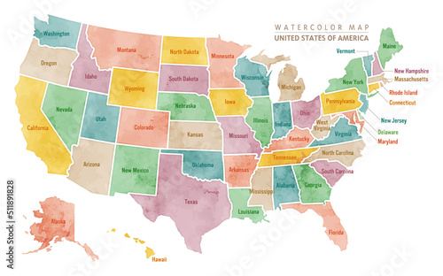 Watercolor map of USA, United States Of America