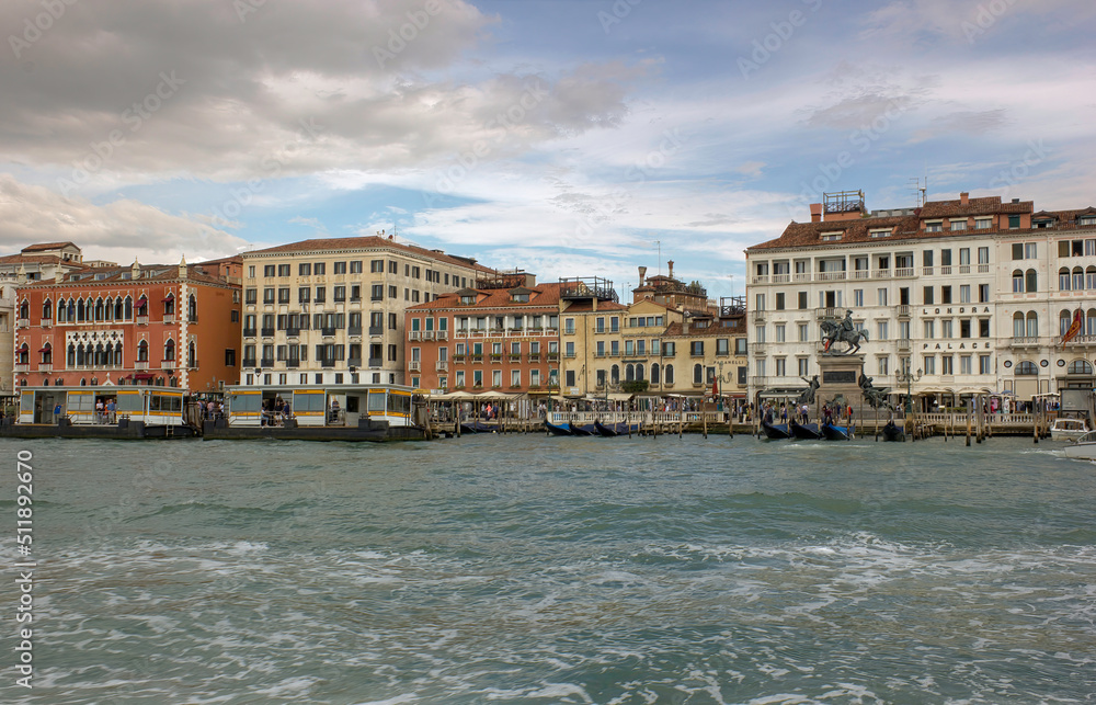 Venice, Italy: Wide angle panorama shot of sea view against main city showing statue of Bartolomeo Colleoni in Campo Santi Giovanni e Paolo