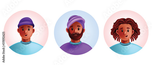 3D diverse people avatar set, vector men character cartoon face kit, smiling young student heads. Arab male turban person, black dreadlocks hipster, network freelancer. People profile avatar clipart