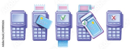 3D payment terminal icon set, vector POS machine bank device kit, credit card, smartphone, PIN pad. Electronic payment concept, cashless NFC success transaction, decline transfer. Payment terminal
