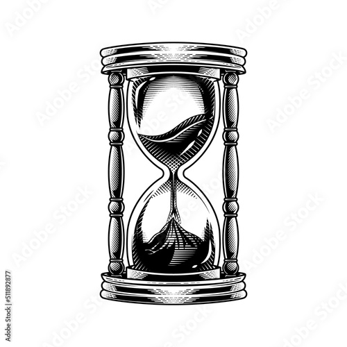 Hourglass. Vector illustration of sand watch device in engraving technique.