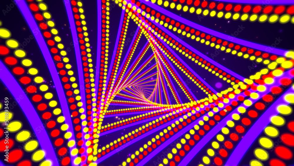 Fototapeta premium Abstract Red Purple Yellow Unique Triangle Shape Dots And Lines Frame Border Twisted Space Tunnel With Glitter Sparkle Dust Background