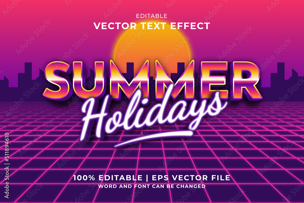 Editable text effect Summer Holidays 3d 80s template style premium vector