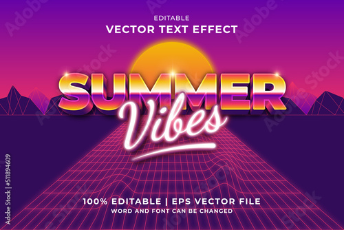 Editable text effect Summer Vibes 3d 80s template style premium vector