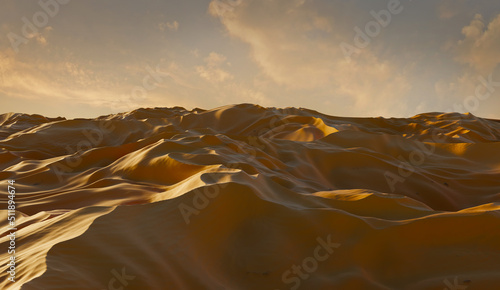 Panorama of sand dunes Sahara Desert at sunset. Endless dunes of yellow sand. Desert landscape Waves sand nature, 3d illustration.