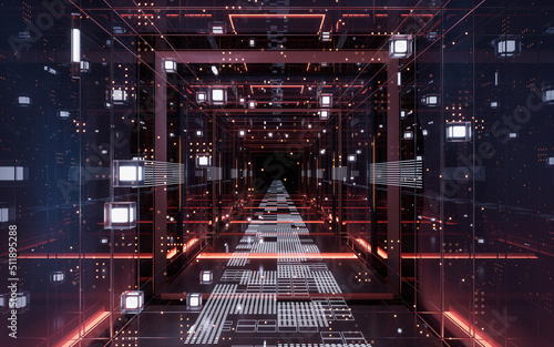 Fototapeta Naklejka Na Ścianę i Meble -  Digital cyberspace, sci-fi concept tunnel, 3d rendering.