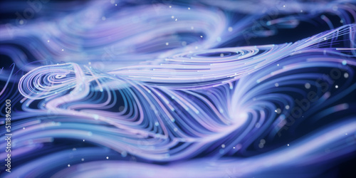 Wave particles lines with swirling pattern, 3d rendering.