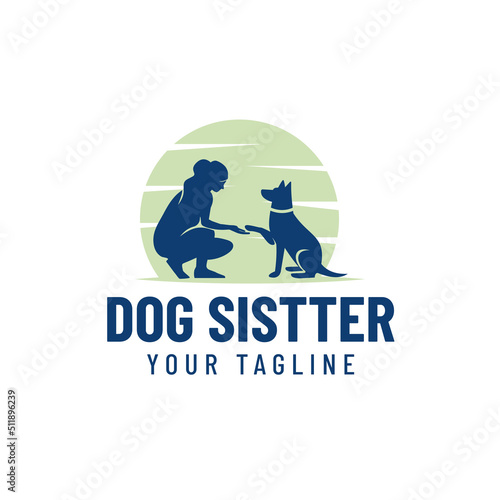 Human and dog silhouette vector design logo under the moon, dog sitter, dog lover illustration.