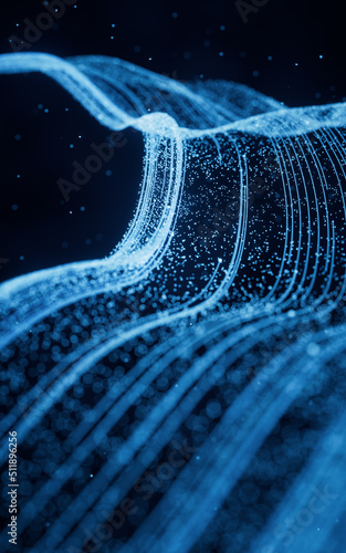 Fototapeta Naklejka Na Ścianę i Meble -  Flowing particles with glowing lines, 3d rendering.