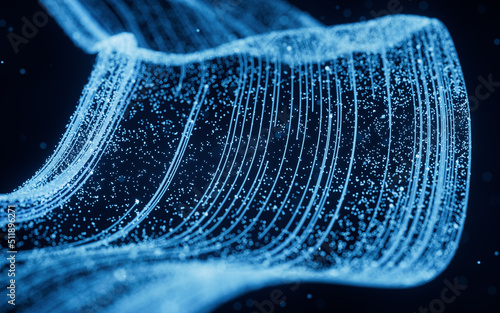 Flowing particles with glowing lines, 3d rendering.