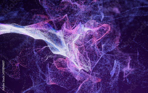Flowing particles with smoke shape, 3d rendering.