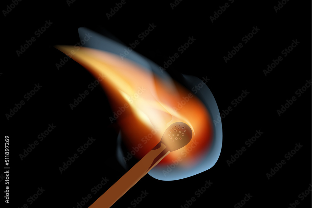 Burning wooden match. Wood matchstick with sulfur head. Burning match on black background. Red flame. Flat design. Vector illustration. Burning wooden match. Wood matchstick with sulfur head. Burning match on black background. Red flame. Flat design. Vector illustration.