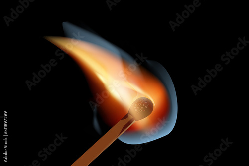 Burning wooden match. Wood matchstick with sulfur head. Burning match on black background. Red flame. Flat design. Vector illustration.
