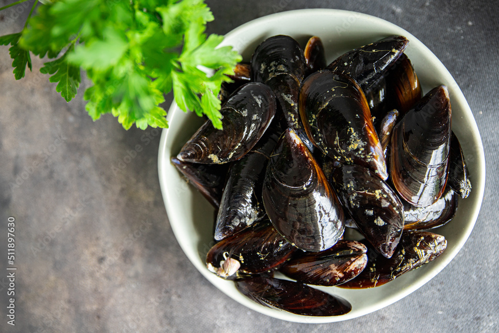 mussels in shell seafood fresh healthy meal food snack diet on the table copy space food background rustic top view keto or paleo pescatarian diet