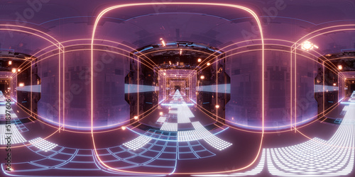 Digital cyberspace, sci-fi concept tunnel, 3d rendering. 360-degree seamless panoramic view.