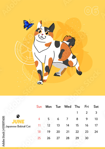 Fotografie Vertical calendar for june 2023 with japanese bobtail cat