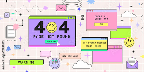 Old computer browser in 90s vaporwave style with smile face hipster stickers. Retrowave pc desktop with 404 error message boxes and popup user interface elements, Vector illustration of UI