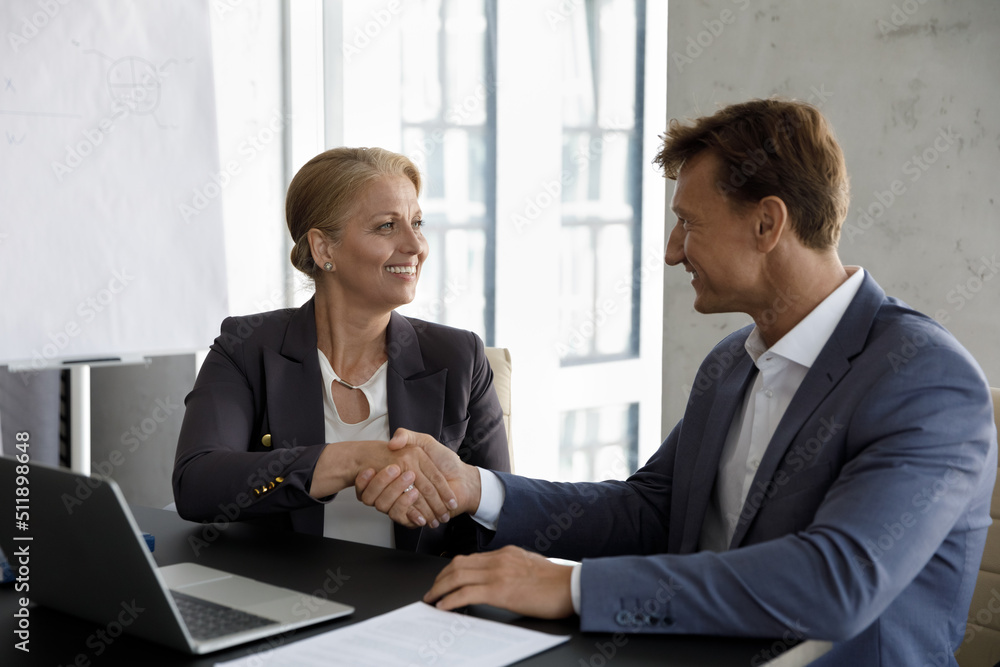 Middle-aged businesspeople in formal suits sales manager and client sit at desk shake hands express respect finish meeting in office feel satisfied. Make deal, succeed goal, business etiquette concept Middle-aged businesspeople in formal suits sales manager and client sit at desk shake hands express respect finish meeting in office feel satisfied. Make deal, succeed goal, business etiquette concept