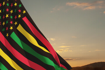 Alternative Juneteenth Flag with sunrise or sunset. Since 1865. Design of Banner with place for text. 3d-rendering.