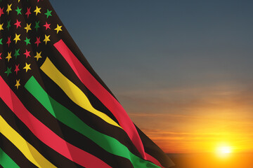 Alternative Juneteenth Flag with sunrise or sunset. Since 1865. Design of Banner with place for text. 3d-rendering.