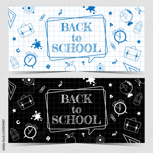 Back to school promo banners or posters with school supplies and objects related to education and study process on checkered paper with white and black background. Vector illustration in flat style.