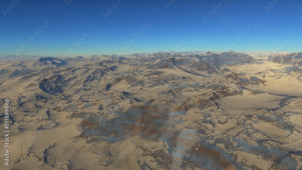 Fototapeta premium Mars like red planet, with arid landscape, rocky hills and mountains, for space exploration and science fiction backgrounds. 