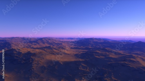 Mars like red planet, with arid landscape, rocky hills and mountains, for space exploration and science fiction backgrounds. 