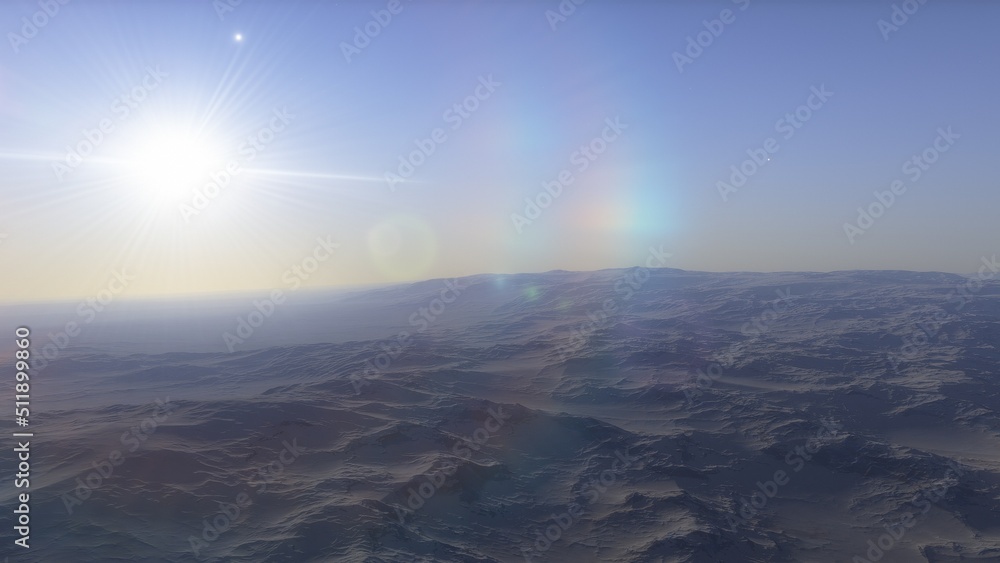 Mars like red planet, with arid landscape, rocky hills and mountains, for space exploration and science fiction backgrounds.
Mars like red planet, with arid landscape, rocky hills and mountains, for space exploration and science fiction backgrounds.