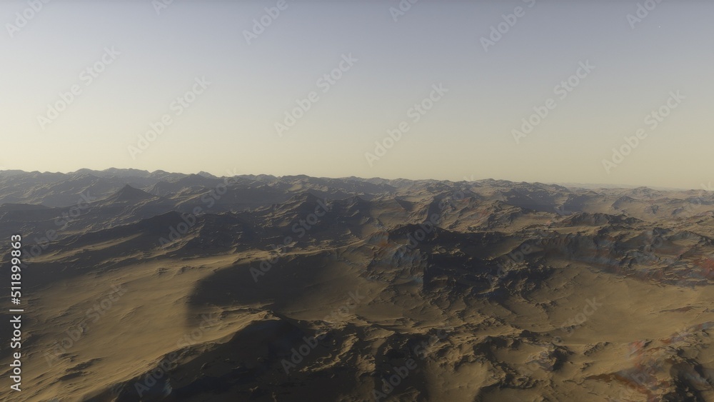 Mars like red planet, with arid landscape, rocky hills and mountains, for space exploration and science fiction backgrounds.
