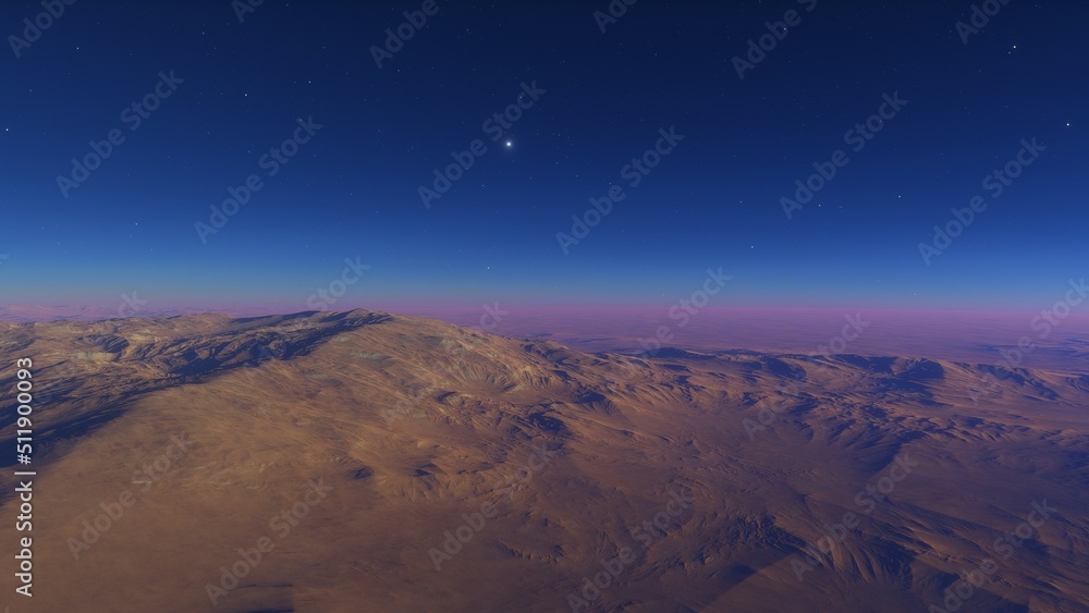 Mars like red planet, with arid landscape, rocky hills and mountains, for space exploration and science fiction backgrounds.
Mars like red planet, with arid landscape, rocky hills and mountains, for space exploration and science fiction backgrounds.