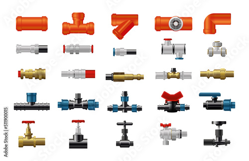 Collection of valves and fittings for gas and water pipes. Plumbing equipment. Realistic detailed style.