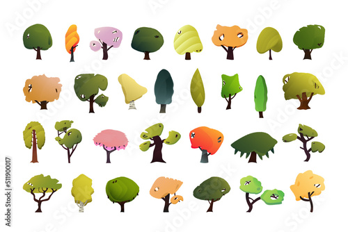 Vector collection of trees in a modern style. Cartoon drawing.