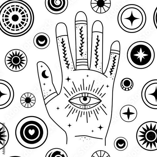 Evil eyes around mystic hand seamless pattern. Geometric various talismans, protection. Flat design monochrome design