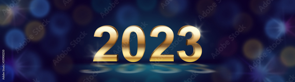 New year 2023 background greeting card. New Year`s banner for the site header. Golden numbers 2023 in the center of the congratulatory banner and blurred highlights New year 2023 background greeting card. New Year`s banner for the site header. Golden numbers 2023 in the center of the congratulatory banner and blurred highlights