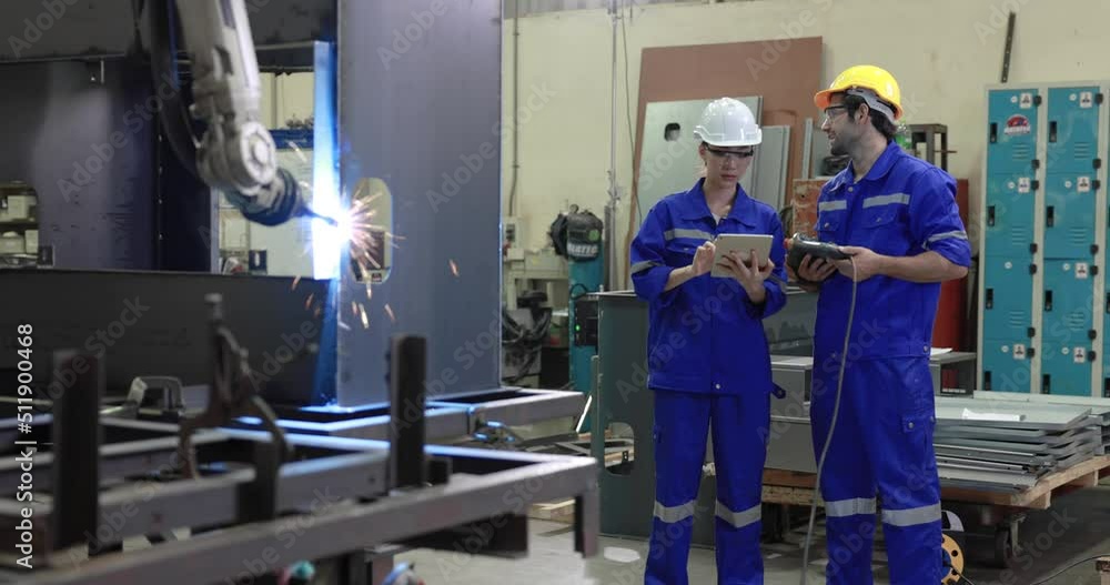 Machine operators uses a tablet computer to operate a robotic arm for a production line. Machine operators uses a tablet computer to operate a robotic arm for a production line.