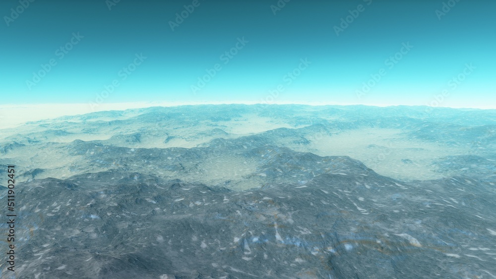 Fototapeta premium Mars like red planet, with arid landscape, rocky hills and mountains, for space exploration and science fiction backgrounds.