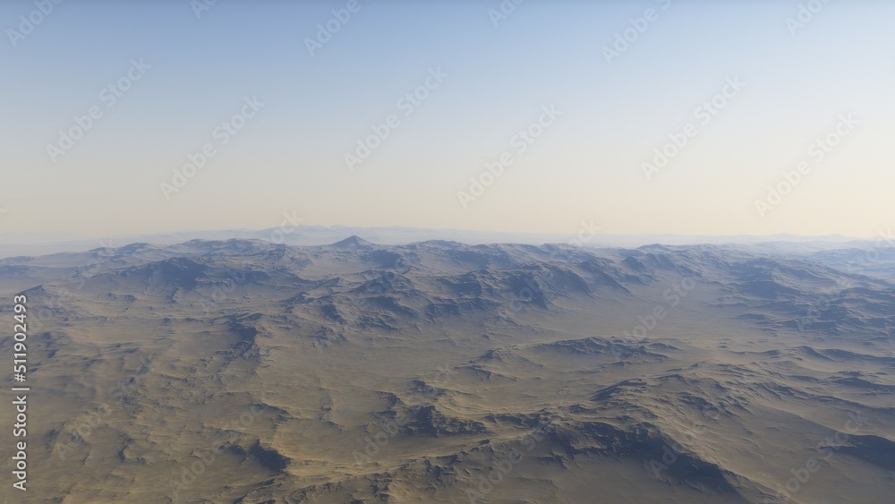 Mars like red planet, with arid landscape, rocky hills and mountains, for space exploration and science fiction backgrounds.
Mars like red planet, with arid landscape, rocky hills and mountains, for space exploration and science fiction backgrounds.