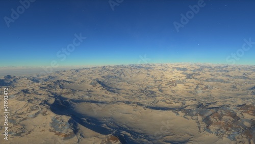 Mars like red planet  with arid landscape  rocky hills and mountains  for space exploration and science fiction backgrounds. 