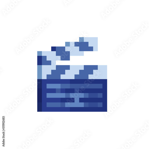 Clapper Board. Video icon cinema sign. Pixel art flat icon. Gallery of films. Movie  logo. Design for websites and mobile apps. 8-bit. Isolated vector illustration.  