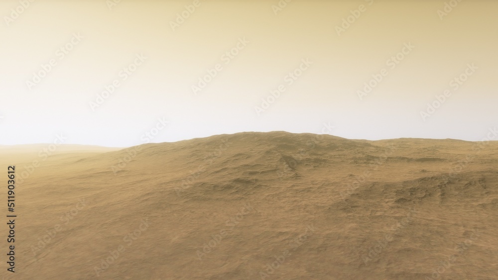Naklejka premium Mars like red planet, with arid landscape, rocky hills and mountains, for space exploration and science fiction backgrounds.