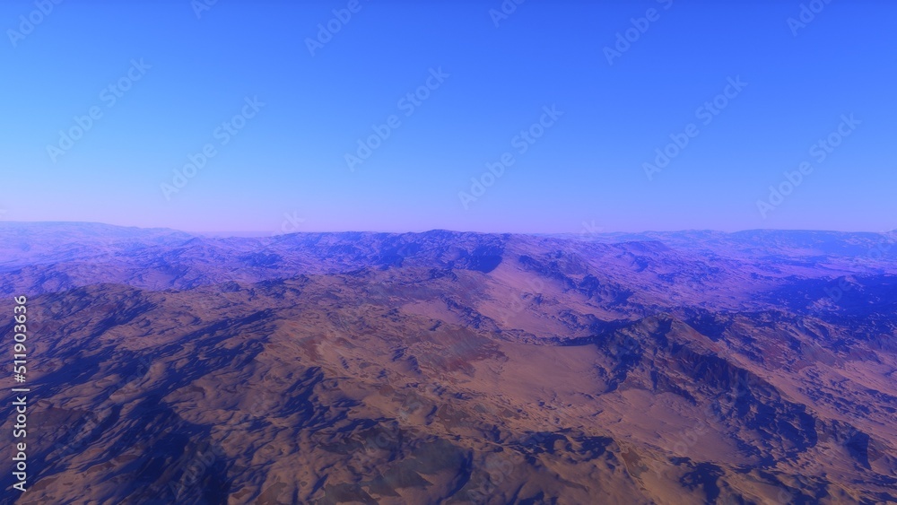 Fototapeta premium Mars like red planet, with arid landscape, rocky hills and mountains, for space exploration and science fiction backgrounds. 