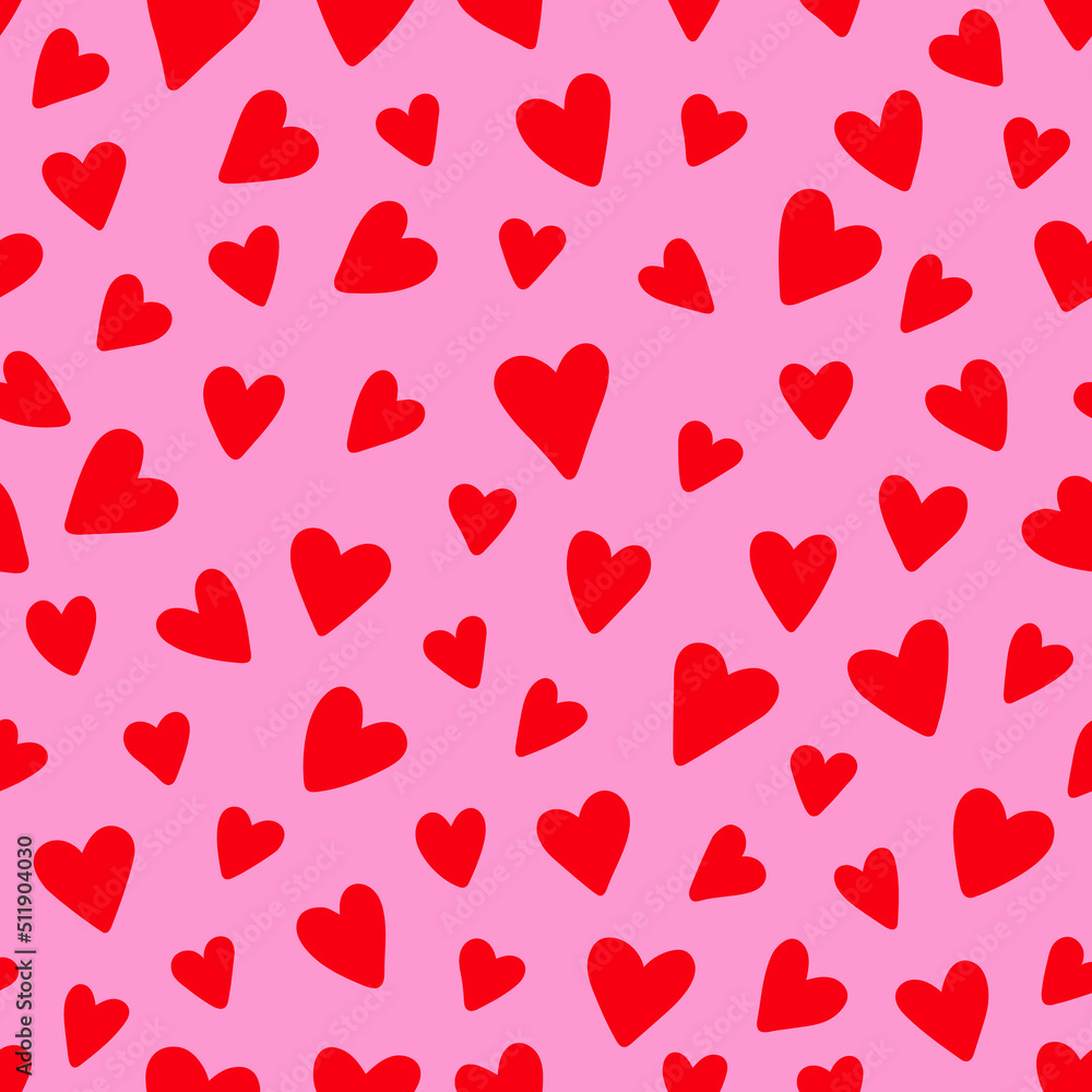 Hand drawn heart seamless irregular vector pattern. Many red hearts on a pink background.