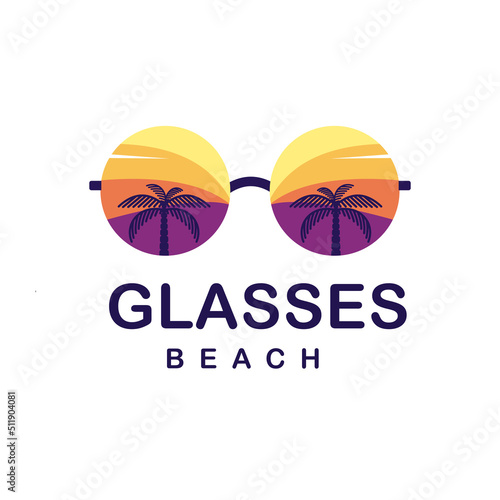 Summer beachfront modern style emblem with glasses, palm tree, surfer.