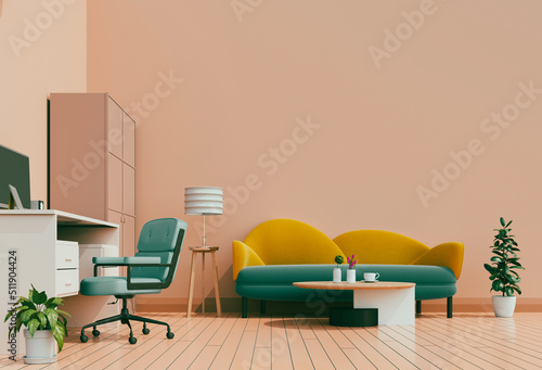 3D render of interior modern living room workspace with sofa, desk, desktop computer © srijaroen