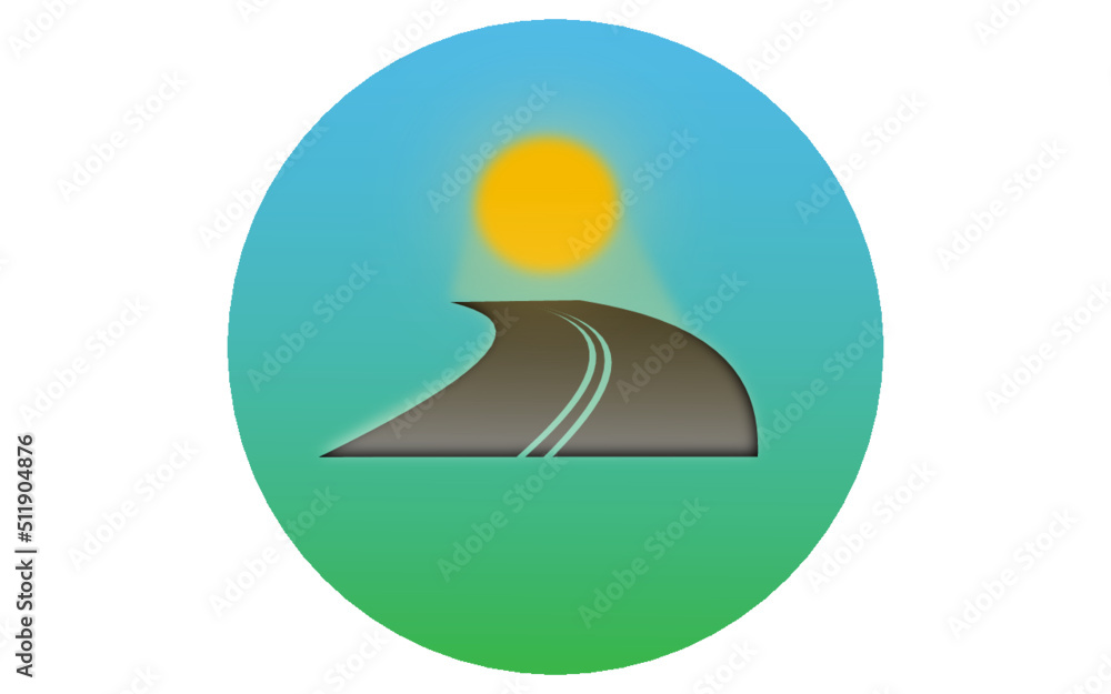 Grafika wektorowa przedstawiającą czarną drogę, skręcającą w lewo, prowadzącą ku słońcu. Jest umieszczona na niebiesko  - zielonym tle. - obrazy, fototapety, plakaty 