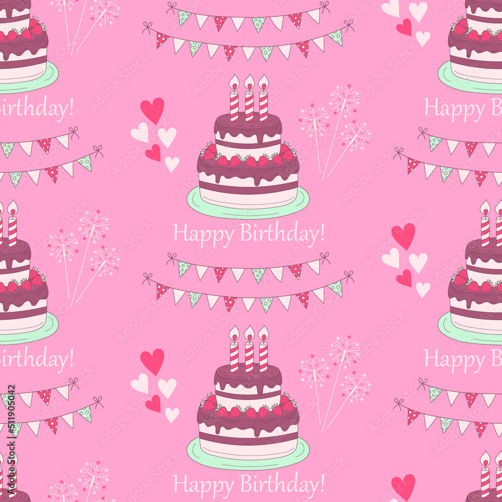 Happy Birthday party vector seamless pink background with birthday cake, balloons, and bunting flags. Happy Birthday party vector seamless pink background with birthday cake, balloons, and bunting flags.
